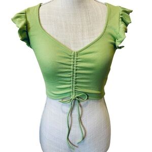 ZARA Green Ruched Ruffle Sleeve Crop Top Size Small NWT